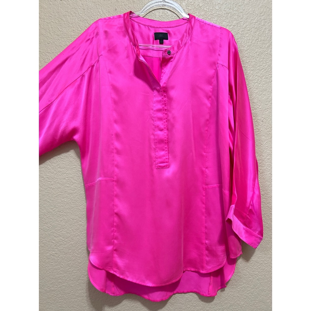 Banana Republic Large Silk Satin Tunic Blouse Pink Oversized Band Collar Top